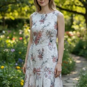 Elegant Floral Midi Dress in Cream and Pink